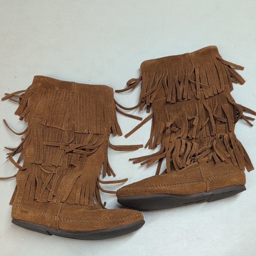 Minnetonka Fringe Moccasin Boots - Tan
